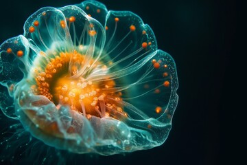 Fototapeta premium Mystic portrait of Coccolithophore Phytoplankton, copy space on right side, Close-up View, isolated on black background