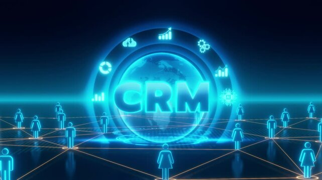 CRM concept with digital network connecting people and icons representing customer relationships and business.