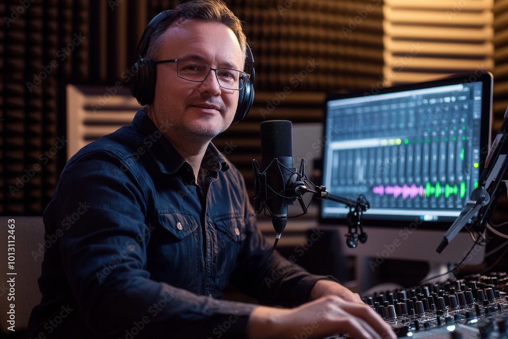 Poster A podcaster in a soundproof studio is engaging with a microphone while operating audio editing software on a computer. Generative AI