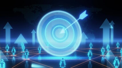 A glowing target with an arrow illustrates digital marketing goals, surrounded by networked human icons and upward arrows indicating growth.