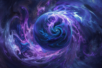 A purple and blue planet with a rotating galaxy