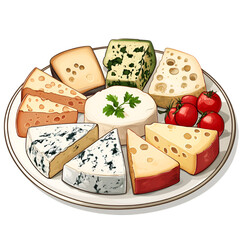 Platter of Assorted Cheeses, Vector Illustration, Isolated on White Background, Gourmet Food and Cheese Board Concept

