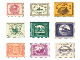Obraz premium Postage Stamp Set, Different Designs, Vector Illustration, Isolated on White Background, Mail and Vintage Concept