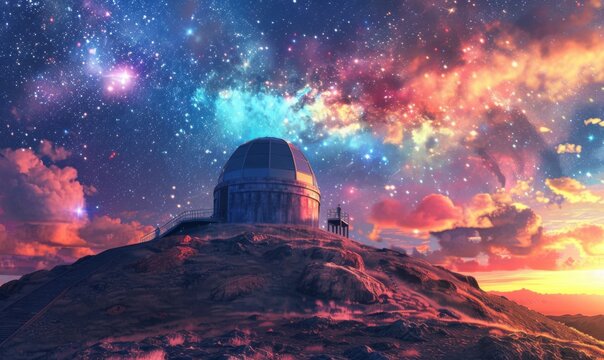 Celestial observatory atop a rainbow-colored hill, where star gazers marvel at celestial phenomena and seek wisdom from ancient constellations, 4K hyperrealistic photo