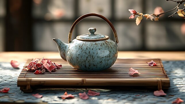 Traditional herbal medicine preparations with a ceramic teapot and dried leaves