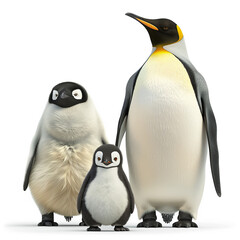 Obraz premium A realistic penguin, an adult emperor, standing upright next to two baby emperors