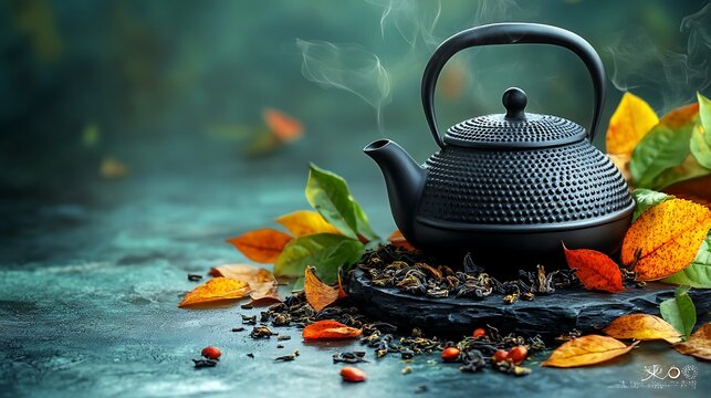 Traditional herbal medicine preparations with a ceramic teapot and dried leaves