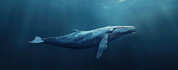 Fototapeta premium Blue whale swimming gracefully through the ocean depths, 4K hyperrealistic photo