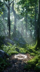 Obraz premium Fantasy woodland with a shimmering fairy circle, 4K hyperrealistic photo