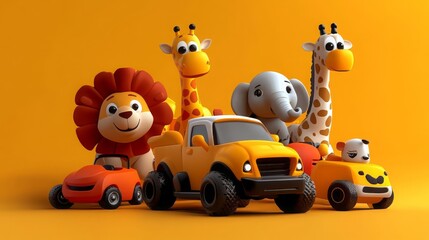 Cute Cartoon Animals Riding Cars on Yellow Background