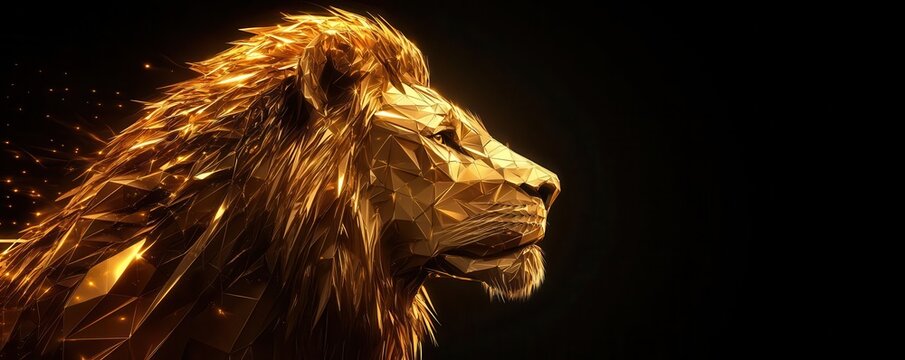 A majestic lion head portrayed in golden geometric art, symbolizing strength and beauty against a dark background.