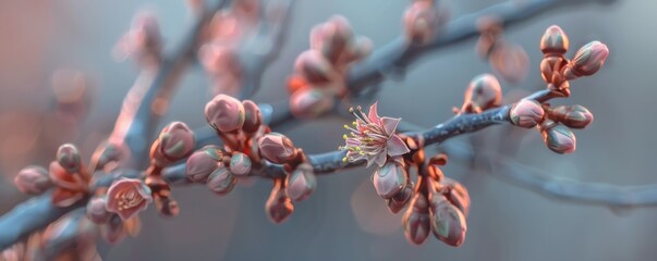 Close-up of sakura buds about to burst into full bloom, 4K hyperrealistic photo