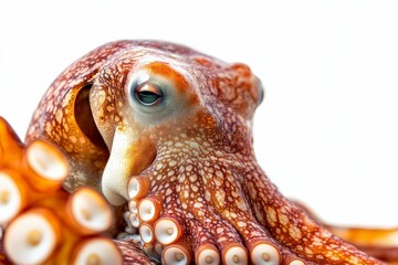 Mystic portrait of Octopus vulgaris in studio, copy space on right side, Close-up View, isolated on white background