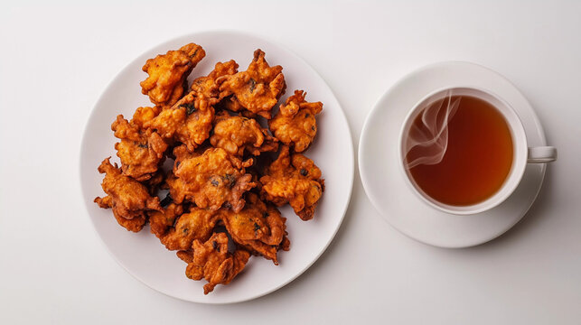 Bhajiya with tea on white background