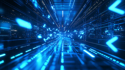 3D rendering of blue glowing light arrows flying in a futuristic cyberpunk background with a digital data technology and network connection concept