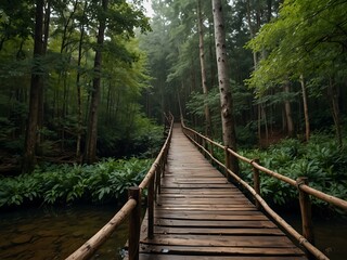Wooden hanging bridge in the forest.