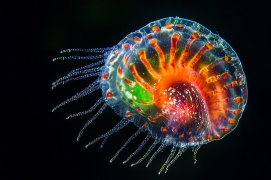 Mystic portrait of Synechococcus Picoplankton, copy space on right side, Close-up View, isolated on black background