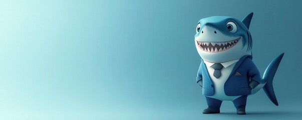Naklejka premium A charming cartoon shark in a suit, exuding confidence against a soft blue background, perfect for playful business themes.