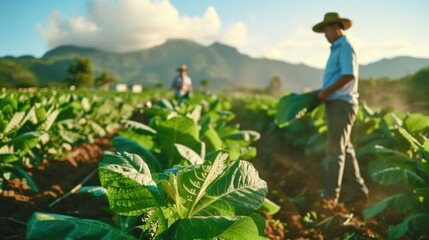 Happy mexican farmers are reaping huge fresh tobacco leaves