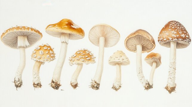 Detailed botanical drawing showcasing different mushrooms