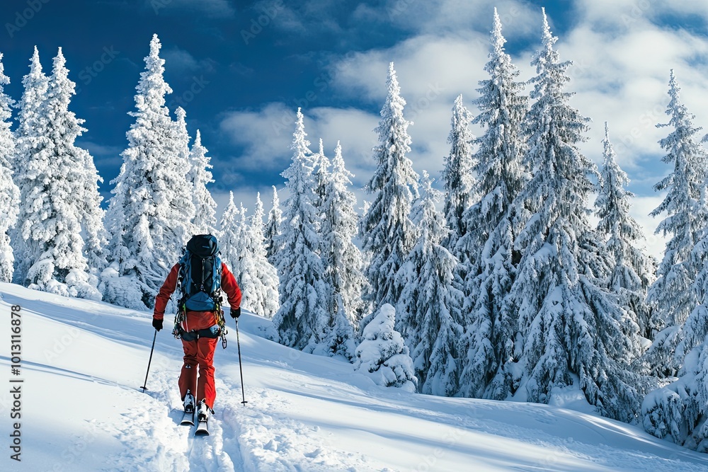 Wall mural climber walking on skis, ski climber in the mountains. ski tourism in an alpine landscape with snow-