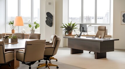  office interior with a meeting table and armchairs. There is a CEO's workplace with a large monitor, a laptop, and a few stationery items