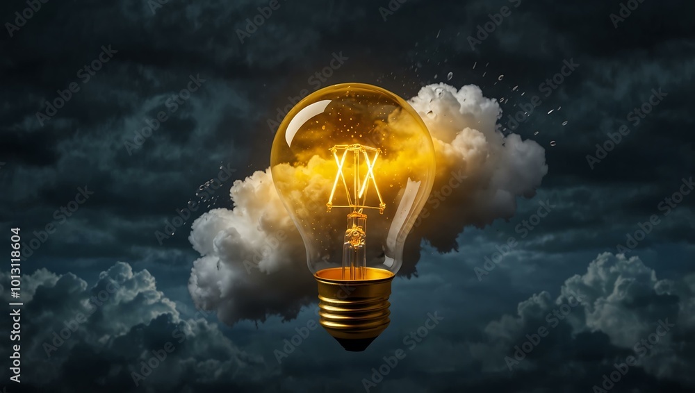 Poster yellow light bulb floating with clouds and raindrops.