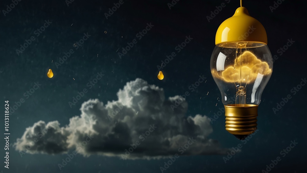 Poster yellow light bulb floating with raindrops and a cloud.