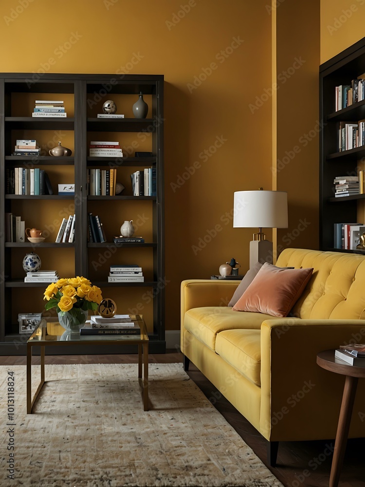 Poster yellow sofa and bookshelf displayed on a phone screen.
