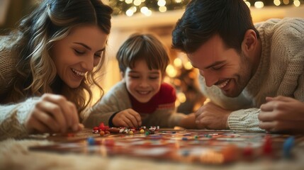 A joyful family enjoys game night together, sharing laughter and love while playing a board game during the festive season.