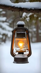 Old Lantern Illuminating a Snowy Winter Landscape