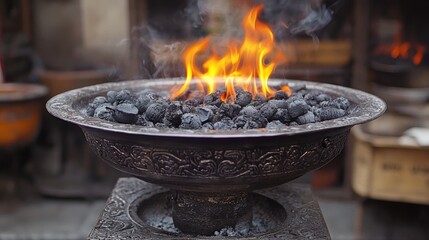 Burning red coals for hookah during preparation