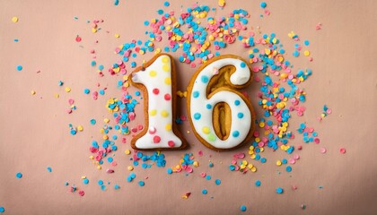 Decorated cookie, number 16, image for birthday or anniversary celebration