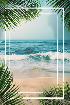 Frame on the background of the beach with palm leaves and ocean waves.