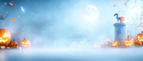 Naklejka premium A dark, fiery dragon perched on a crumbling stone tower surrounded by glowing jackolanterns and misty fog, under a full moon, with plenty of space for advertisement text