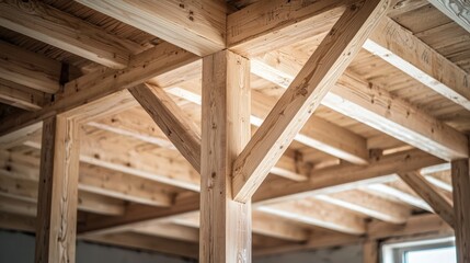 Rustic Wooden Beams Forming Intersecting Patterns in Cabin or Barn Interior