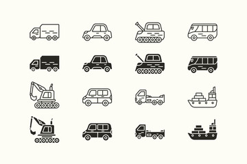 Modern transportation and vehicle icon set design with outline stroke and solid color variation