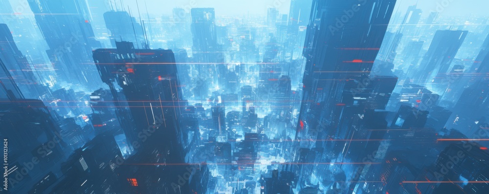 Poster digital cityscape with cascading data streams and translucent buildings, 4k hyperrealistic photo