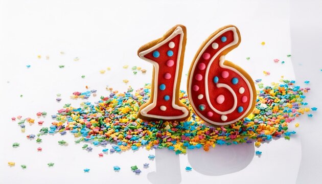 Decorated cookie, number 16, image for birthday or anniversary celebration