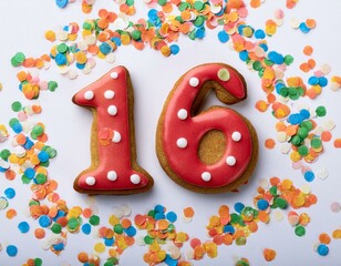 Decorated cookie, number 16, image for birthday or anniversary celebration