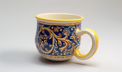Decorative ceramic mug, white background, 4K hyperrealistic photo