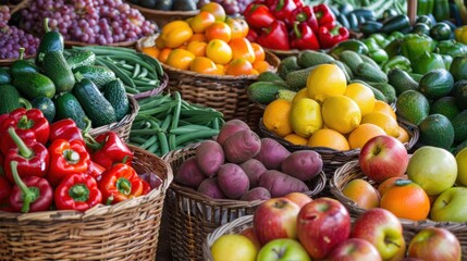 Vibrant Baskets of Fresh Produce at a Market Stall