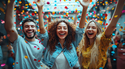 Youthful friends celebrate with confetti in a vibrant urban gathering