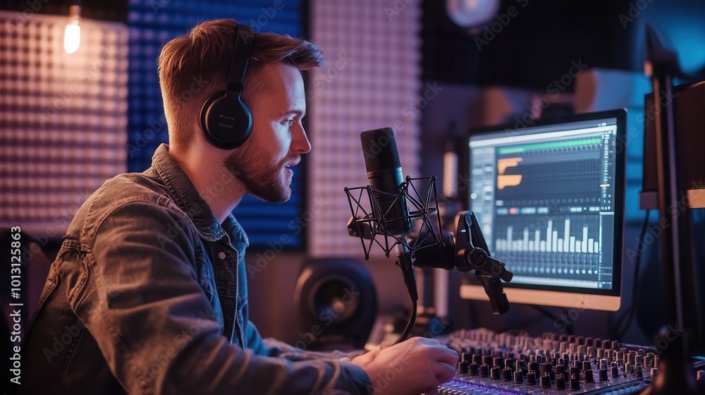 Aufkleber a podcaster in a studio setting speaks into a microphone while working on sound editing with a compu