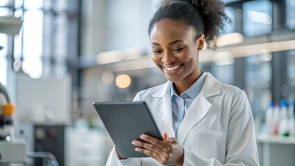 Science, research and india woman with tablet, smile and internet in laboratory with medical data. Healthcare, pharmaceutical innovation and scientist, technology and reading email, website or result