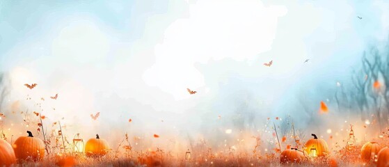 A dragon with fiery breath flying low over a misty pumpkin field, with glowing lanterns lighting the way and a haunted forest in the background, perfect for ad copy space