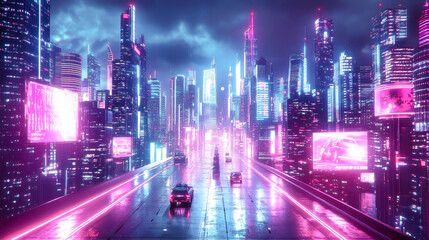 Fototapeta premium Futuristic cyberpunk city at night illuminated by neon lights and buzzing with flying cars on a slick, reflective highway