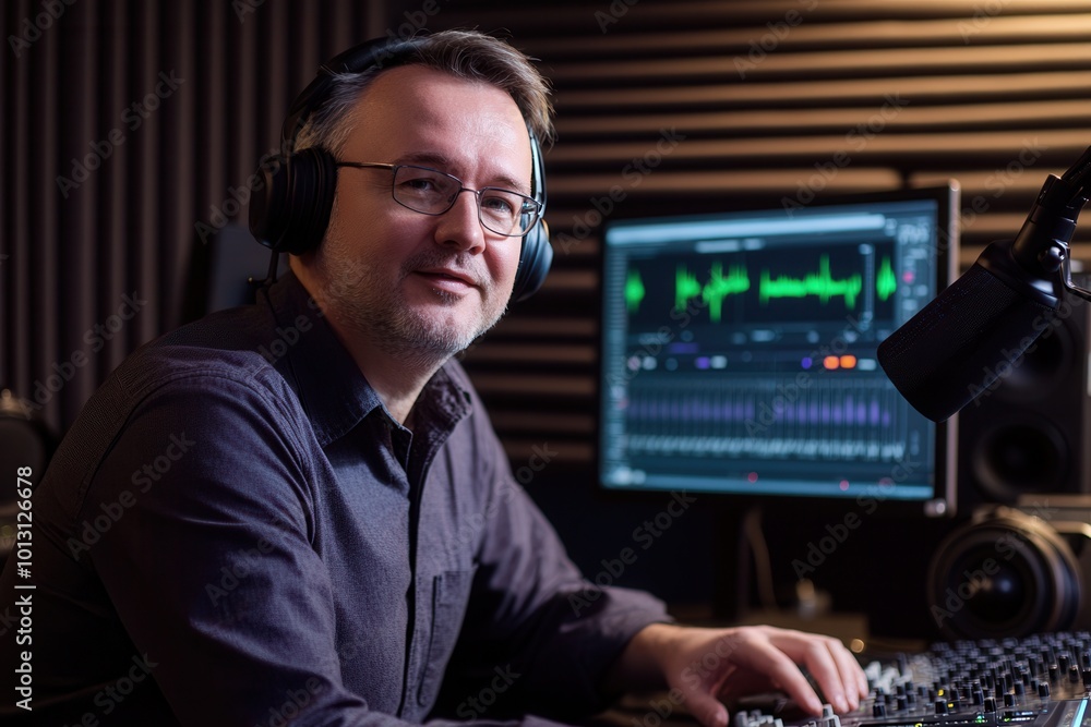 Poster the podcaster speaks enthusiastically into the microphone, surrounded by advanced equipment in a wel