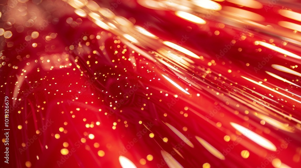 Poster a closeup of a candy apple red car paint finish with layers of bright red and gold flecks creating a