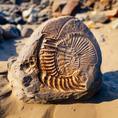Close-up of a fossilized ammonite shell embedded in a weathered beach rock, symbolizing ancient marine life and geological history